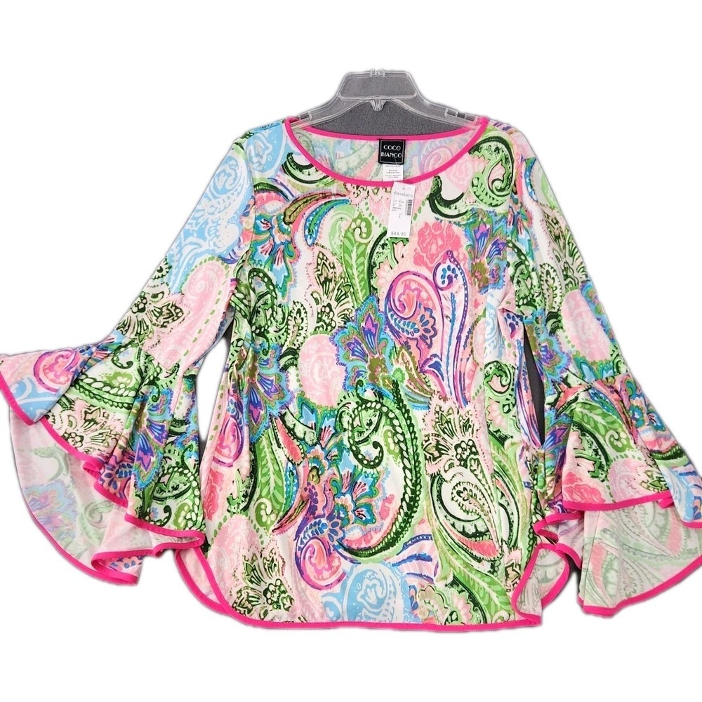 Boho Flowy Festival Colorful Gypsy Whimsy Coco Bianci 3/4 Bell Sleeves L Paisley